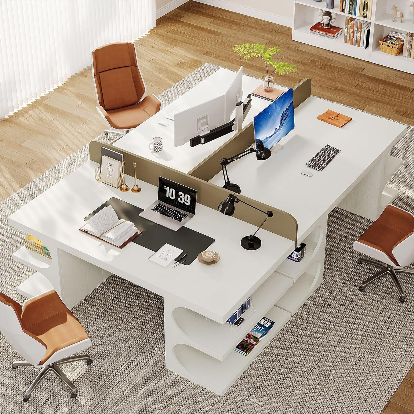 White Executive Office Desk, 63" Computer Desk with Storage Shelves, Modern Wood Study Writing Table, Large Workstation Business Furniture for Home Office (Table Only)