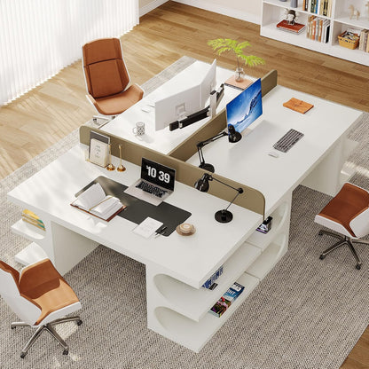 White Executive Office Desk, 63" Computer Desk with Storage Shelves, Modern Wood Study Writing Table, Large Workstation Business Furniture for Home Office (Table Only)