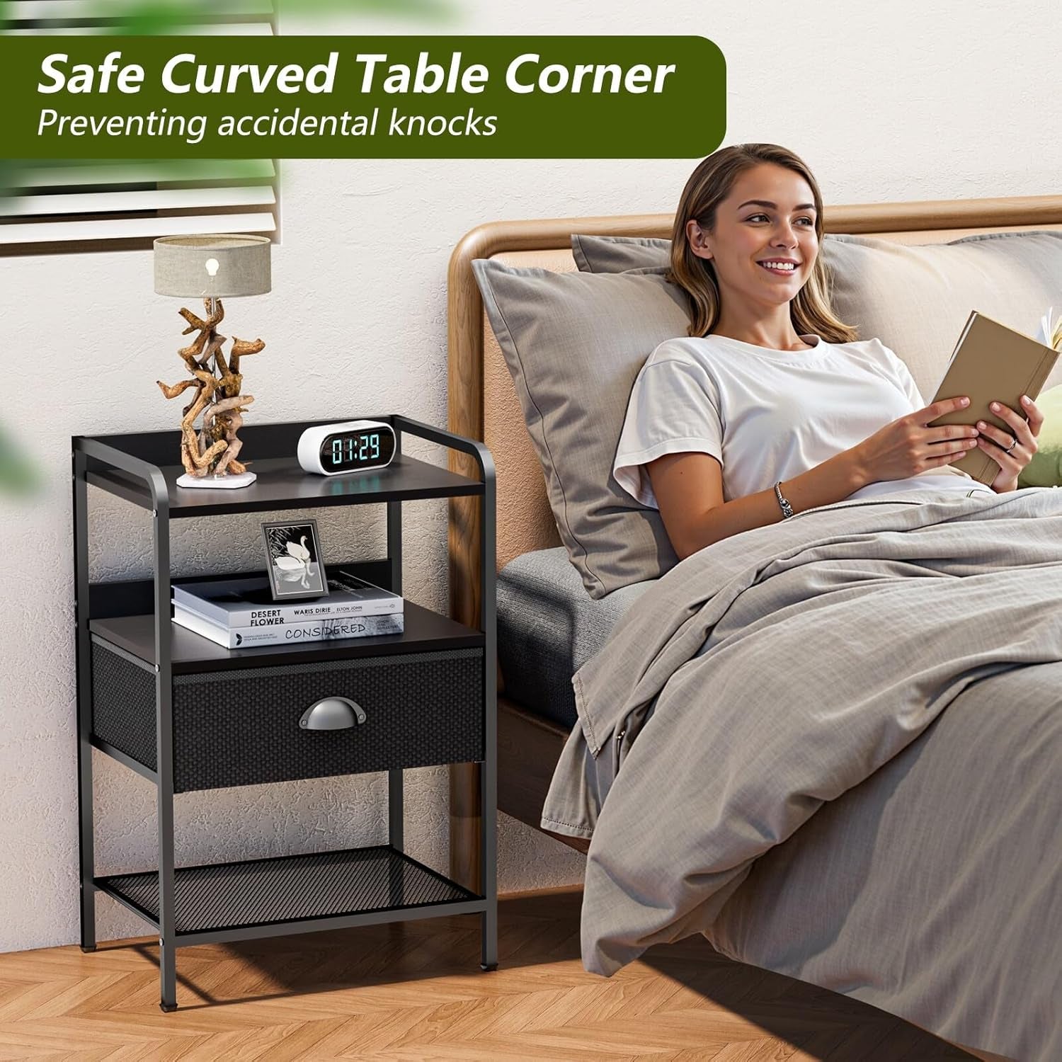 Night Stand with 1 Fabric Drawer and Sturdy Metal Frame, Modern Bedside Table Lightweight & Durable -55LB Load Capacity, Wear-Resistant & Easy-Clean Surface, Black