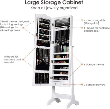 Jewelry Armoire Organizer with Full Length Mirror, 14 Leds Floor Standing Jewelry Cabinet with 2 Drawers, 4 Adjustable Angles, Lockable Jewelry Storage Box Cabinet (White)