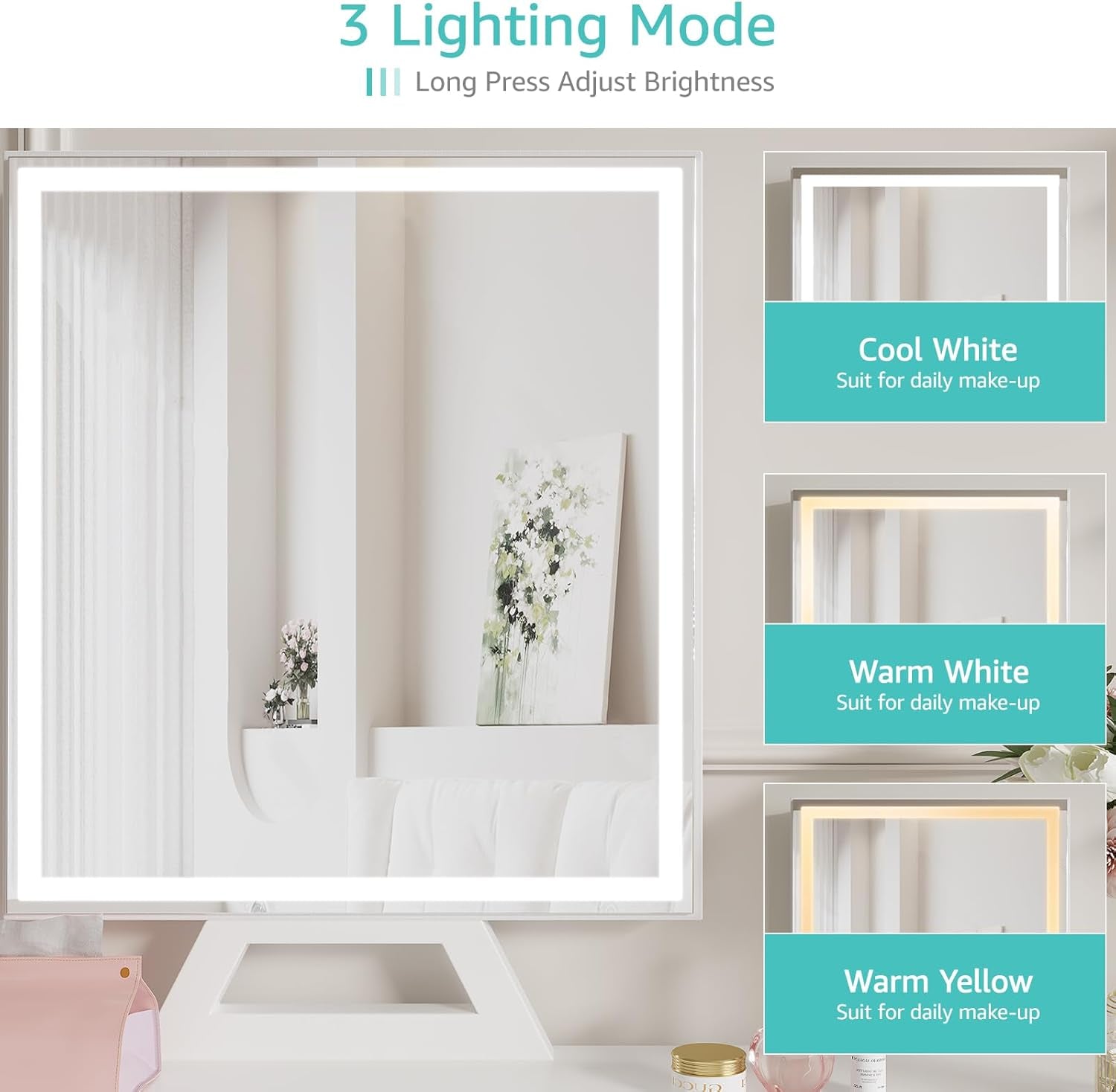 White Makeup Vanity Desk with Mirror and Lights, 40 Inch Girls Vanity Set with Chair, Make up Dresser Table with Drawers and Power Outlet for Bedroom Small Space