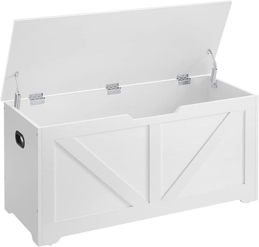 Storage Chest, Storage Trunk with 2 Safety Hinges, Storage Bench, Shoe Bench, Farmhouse Style, 15.7 X 39.4 X 18.1 Inches, for Entryway, Bedroom, Living Room, Cloud White ULSB060T14