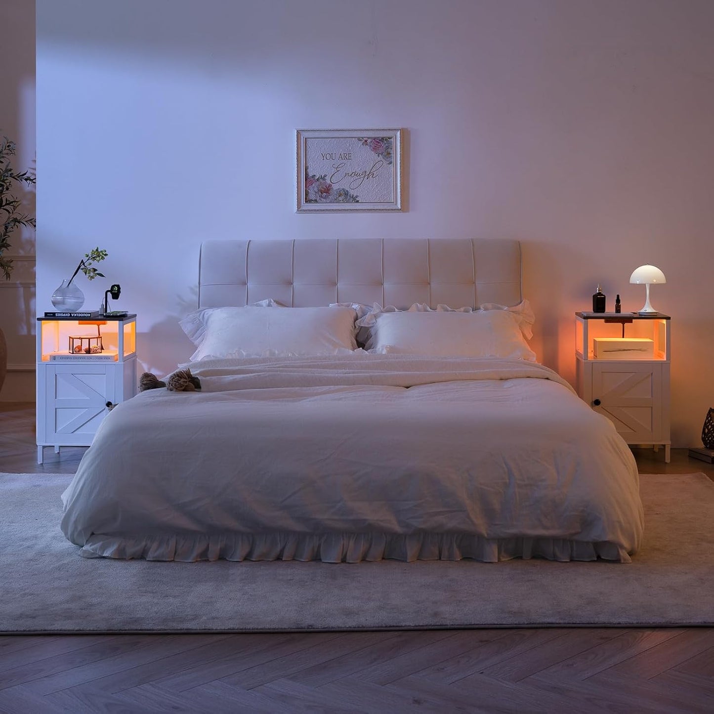 Farmhouse Nightstand with Charging Station, Wood Night Stand End with USB Ports, LED Bed Side Table with Storage Cabinet, Bedside Table for Bedroom, Living Room White