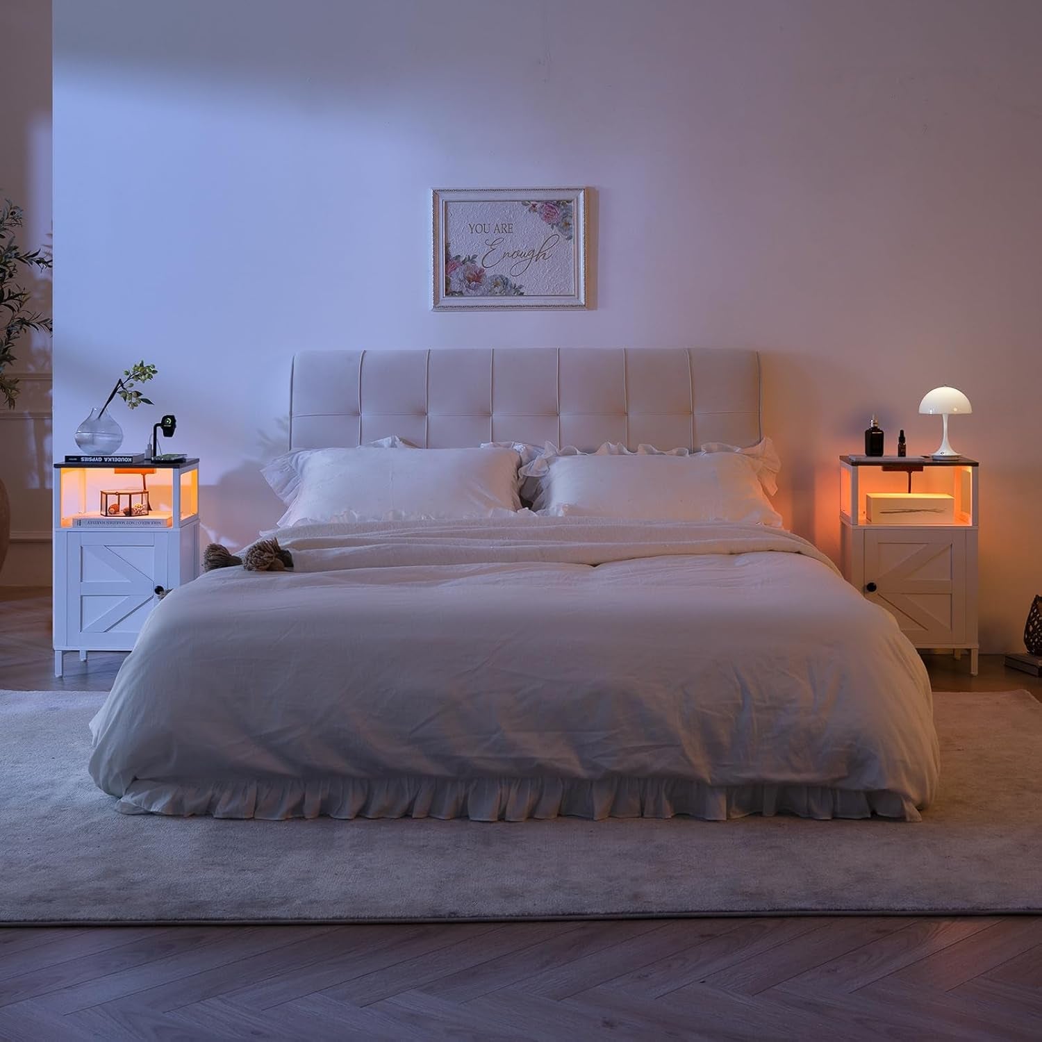 Farmhouse Nightstand with Charging Station, Wood Night Stand End with USB Ports, LED Bed Side Table with Storage Cabinet, Bedside Table for Bedroom, Living Room White