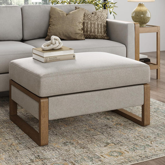 Madison Modern Ottoman Coffee Table with Storage, Upholstered Ottoman with Solid Wood Legs, Sand/Light Brown