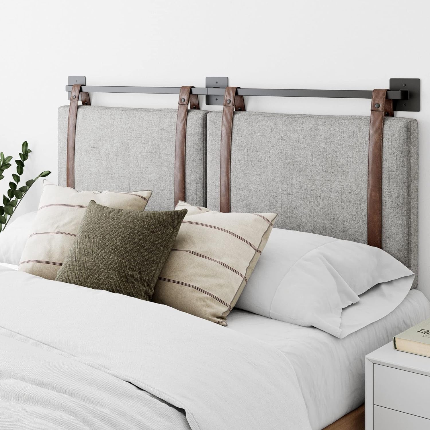 Gugan Mid-Century Wood Entryway Bench Seat, Queen Gray Fabric Wall Mount Hanging Headboard with Brown Faux Leather Straps