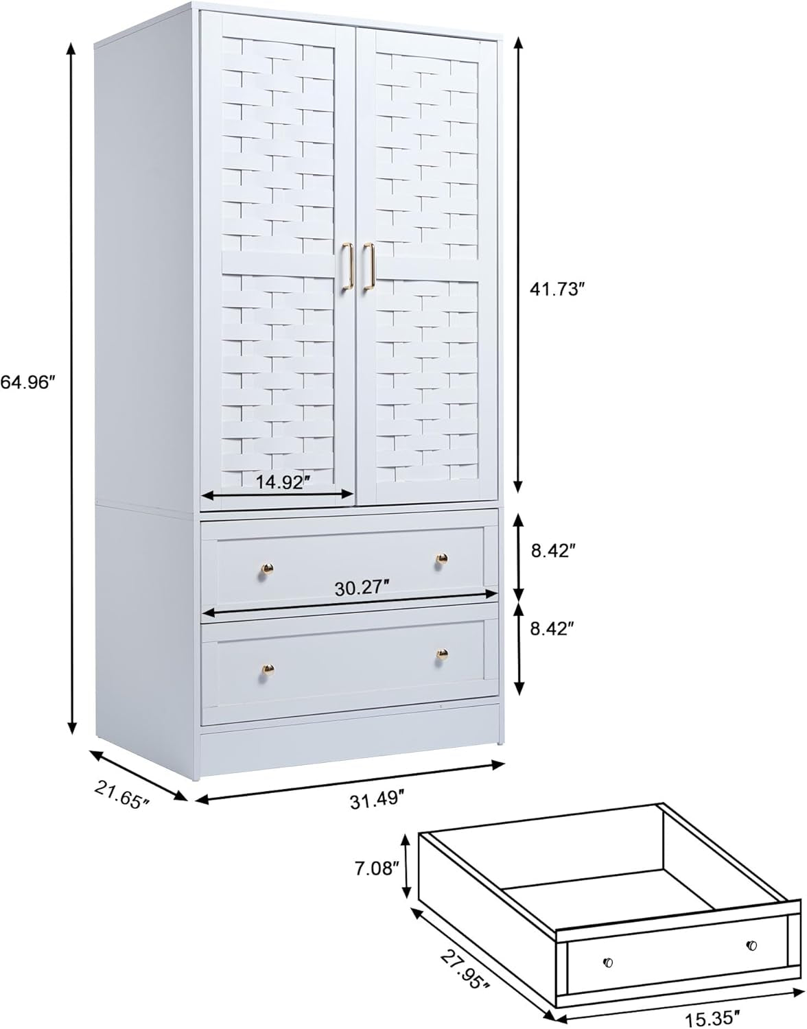 Armoire Wardrobe Closet with 2 Woven Doors, Wardrobe Cabinet with 2 Storage Drawers and Hanging Rail, Freestanding Wooden Closet for Bedroom (White)