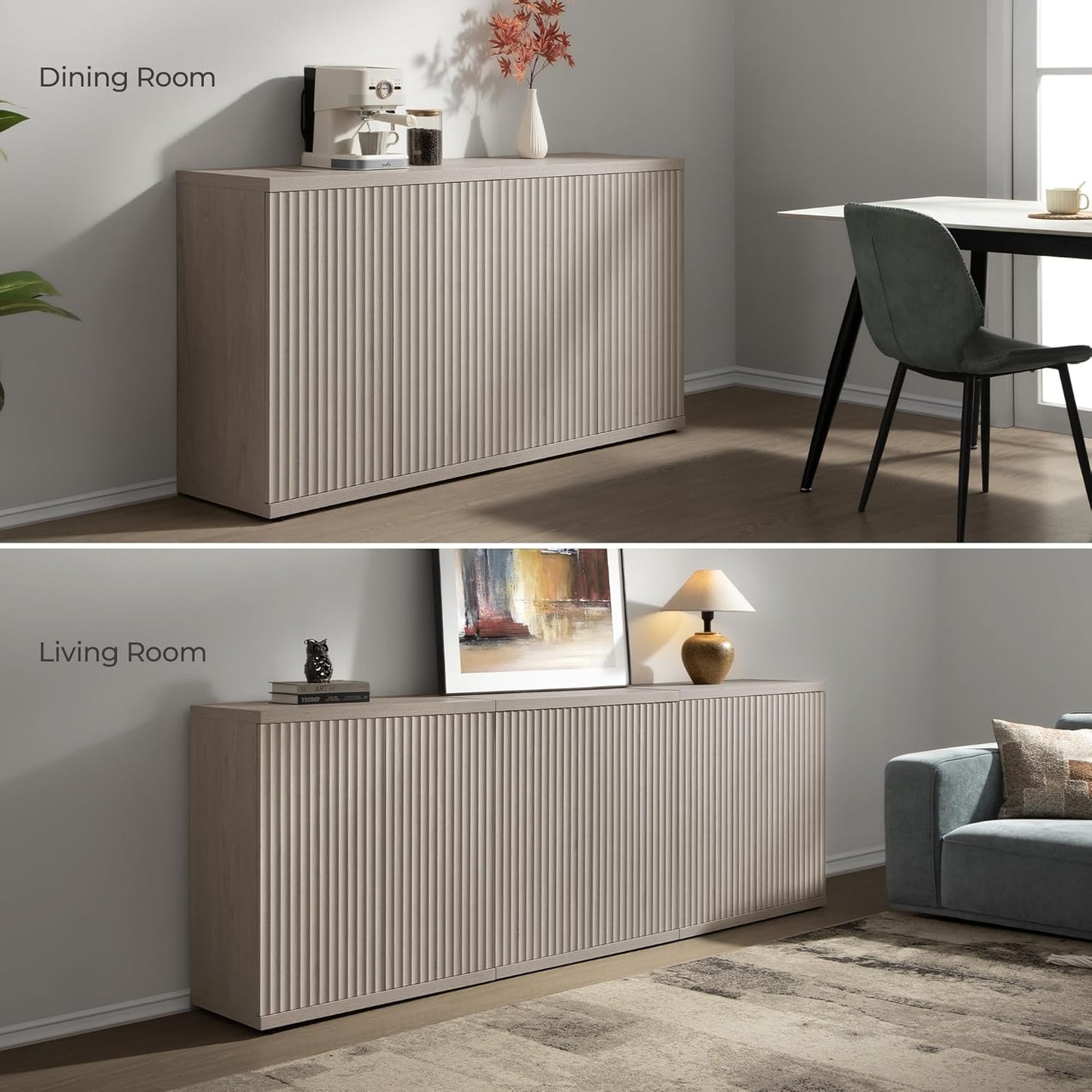 Buffet Cabinet with Storage Accent Sideboard Modern Credenza with Doors & Shelves Fluted Media Console Mid Century Coffee Bar Table for Living Room Kitchen Dining Room Hallway(3Pcs)