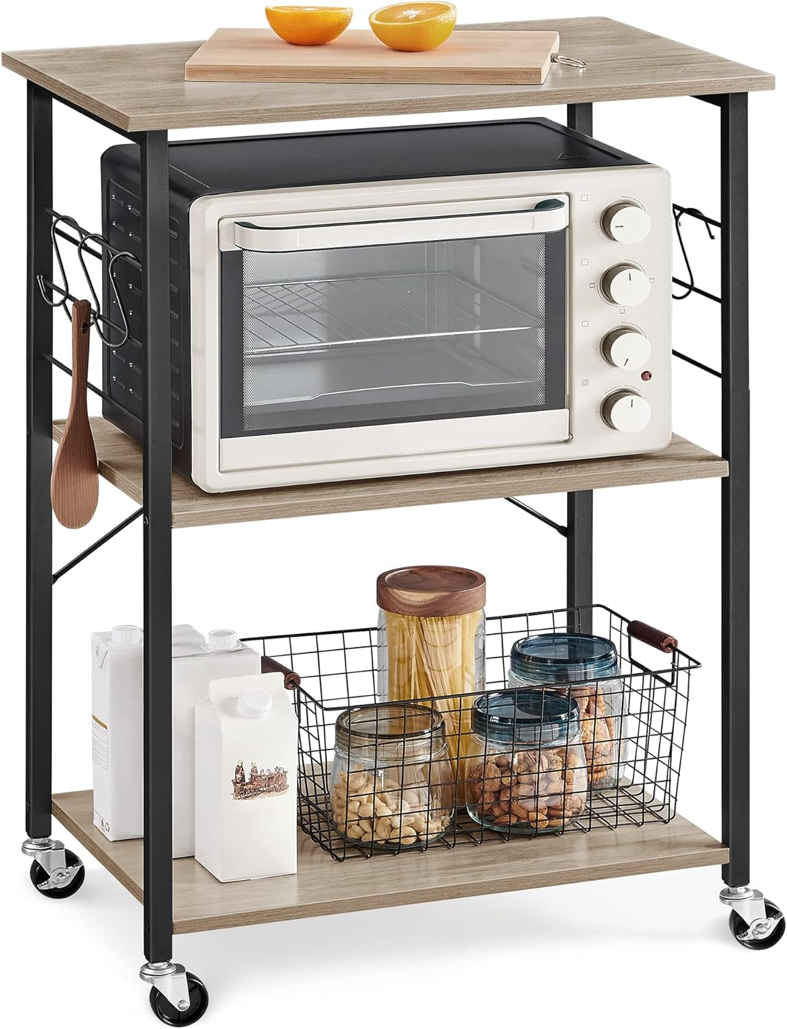 Kitchen Shelf on Wheels, Serving Cart with 3 Shelves, Kitchen Cart, Microwave Shelf, for Mini Oven, Toaster, with 6 Hooks, Industrial Style, Greige and Black UKKS060B02