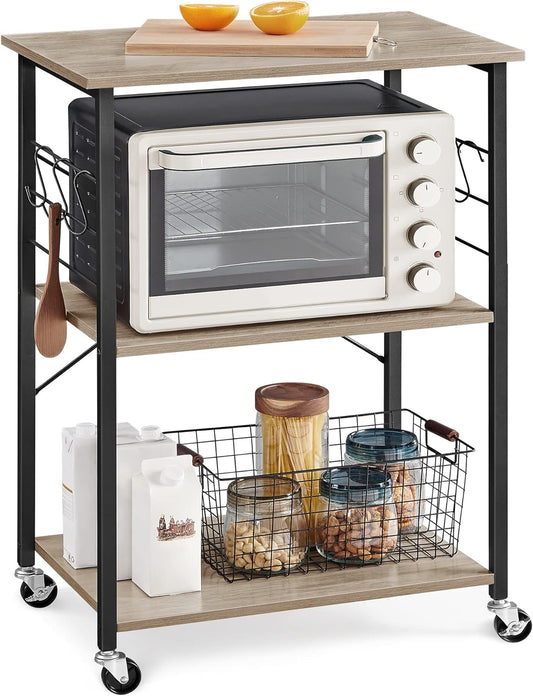 Kitchen Shelf on Wheels, Serving Cart with 3 Shelves, Kitchen Cart, Microwave Shelf, for Mini Oven, Toaster, with 6 Hooks, Industrial Style, Greige and Black UKKS060B02