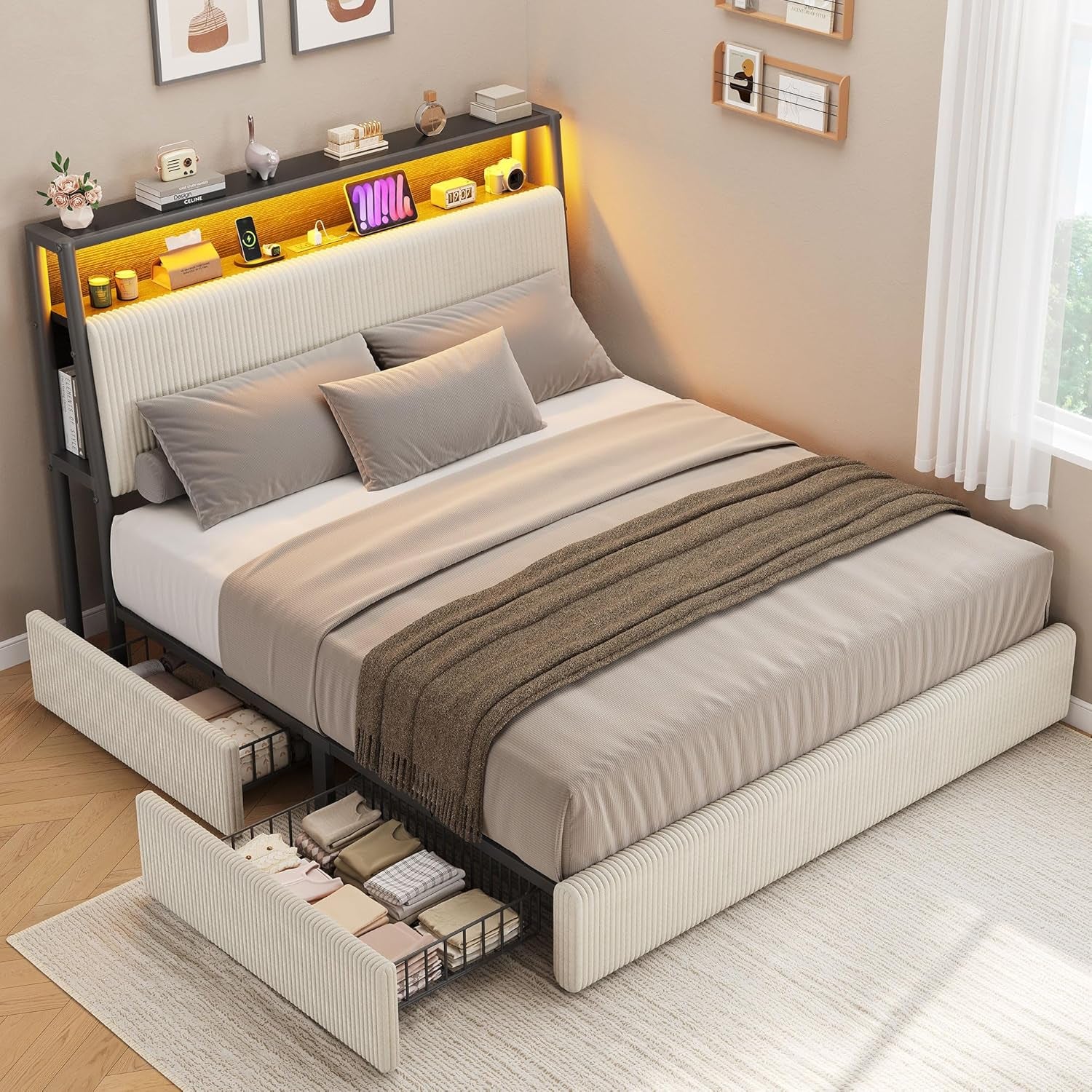 Upholstered Queen LED Bed Frame with 2 Storage Drawers and Charging Station, Corduroy Platform Bed with 3-Tier Storage Bookcase Headboard, Heavy Duty Metal Support, No Box Spring Needed - Beige