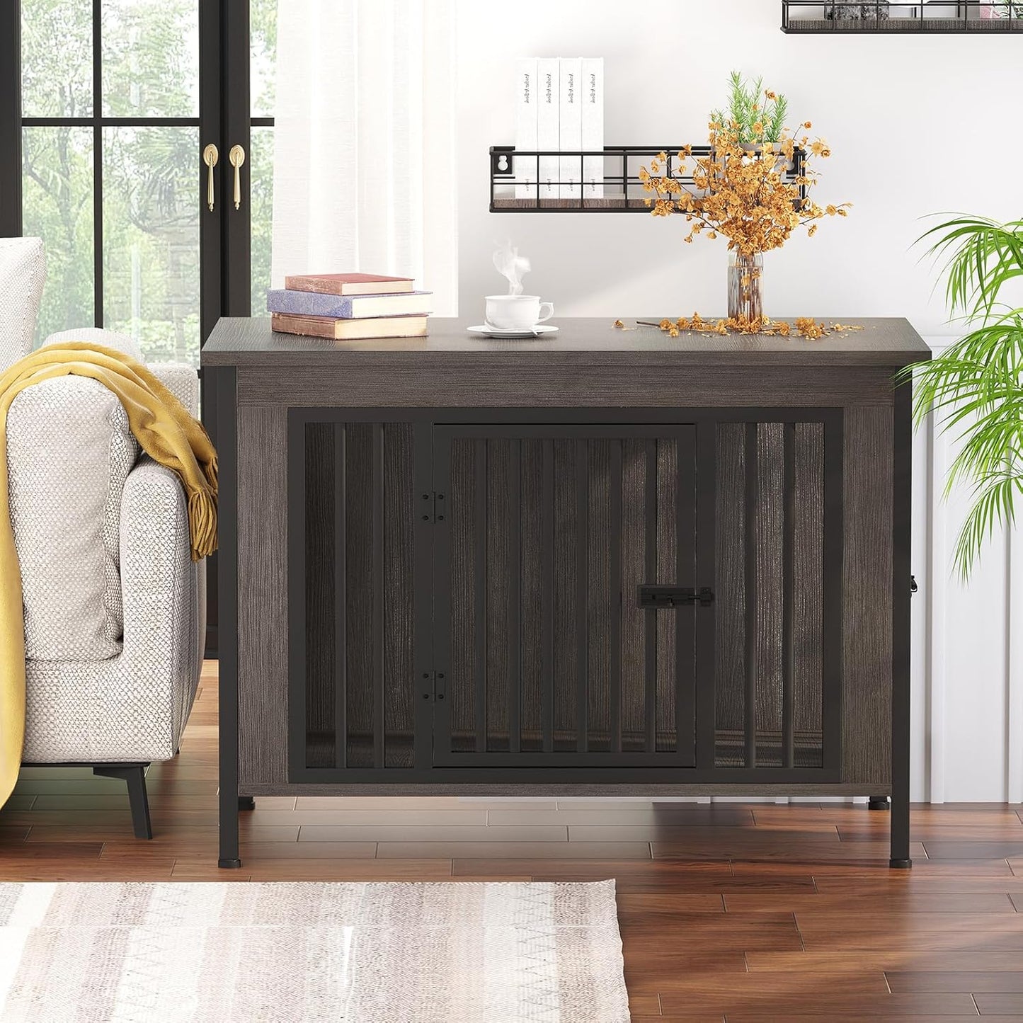 Dog Crate Furniture for 1 or 2 Dogs, Heavy Duty Single/Double Dog Crates for Small/Medium/Large Dogs, Dog Kennel Furniture Indoor as TV Stand, Large Size 39.96" L(35-60 Pounds), Dark Grey