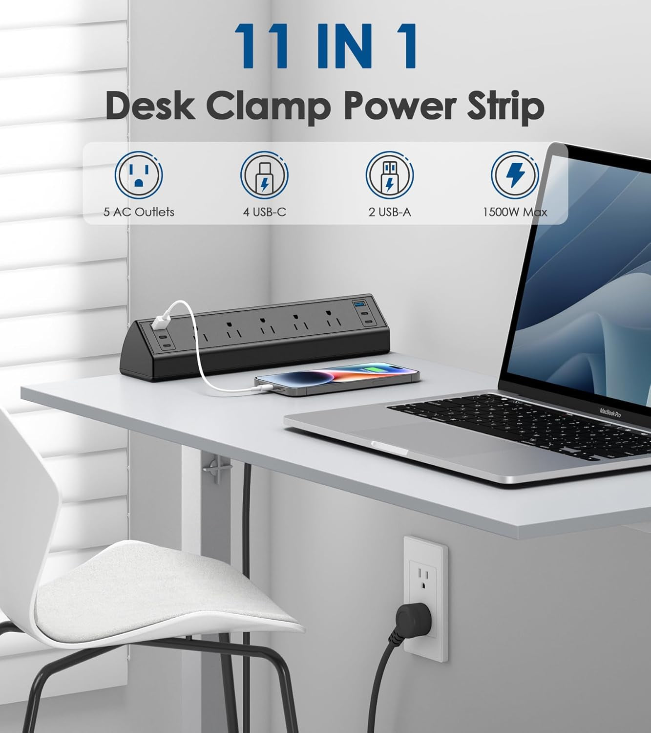Desk Clamp Power Strip USB C,40W Total Fast Charging Station,4 PD 20W USB C Ports,Desk Edge Mount Surge Protector,5 Outlets,Fit 1.96" Tabletop Edge,Etl Listed