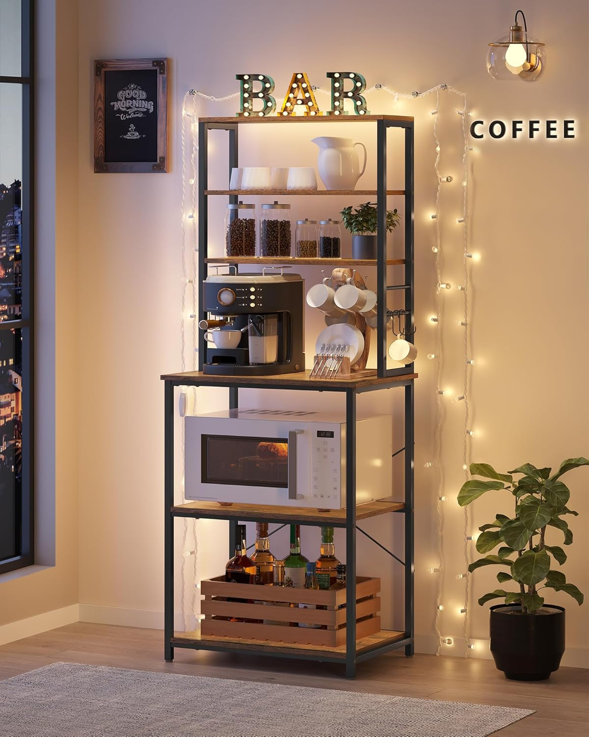 Coffee Bar, Baker’S Rack for Kitchen with Storage, 6-Tier Kitchen Shelves with 6 Hooks, Microwave Stand, Industrial, 15.7 X 23.6 X 65.7 Inches, Greige and Black UKKS024B02