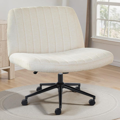 Criss Cross Chair with Wheels Wide Cross Legged Office Desk Vanity Chair Comfy Fabric Armless Adjustable Swivel for Home Computer Task Fabric Beige