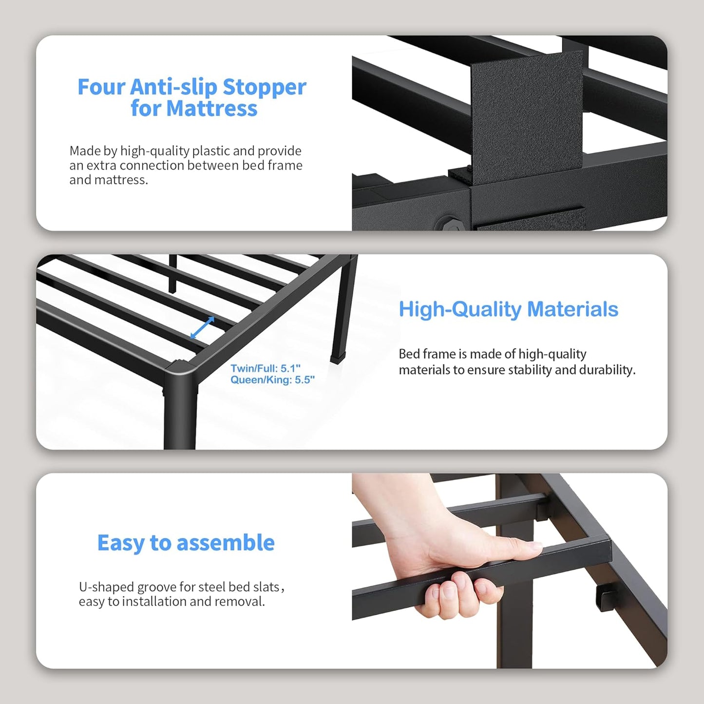 18 Inch King Bed Frame with Rounded Corner and Headboard Hole Mattress Retainers 3500LBS Metal Heavy Duty Steel Slats No Box Spring Needed Platform Noise-Free Easy Assembly