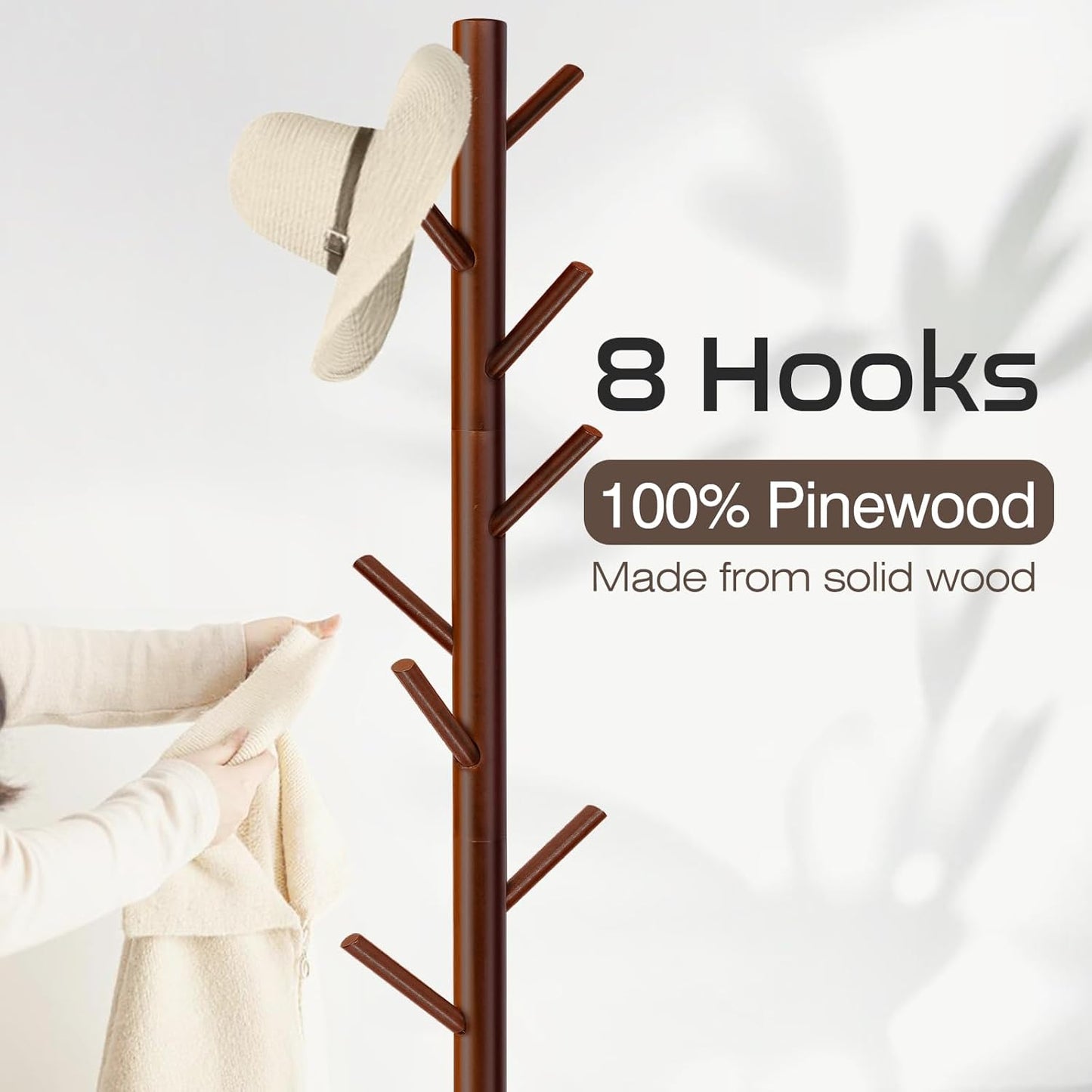 Coat Rack, Freestanding Coat Rack with 8 Hooks and 3 Adjustable Size Tree Coat Racks for Bedroom, Hallway, Entrance, Office, for Hats, Coats, Scarves, Handbags