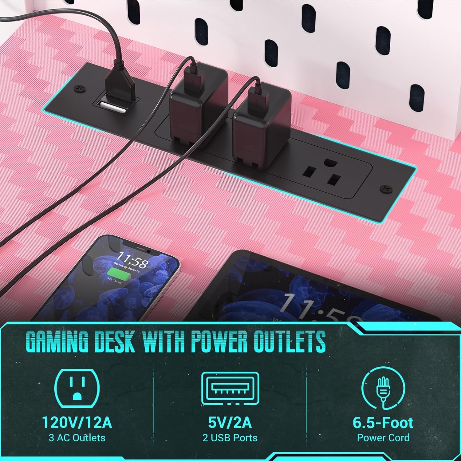 Gaming Desk with Hutch and LED Lights, Gaming Computer Desk with Power Outlets, Gamer Desk with Storage Shelves, PC Game Desk with Pegboards for Bedroom, Carbon Fiber Pink, 49"