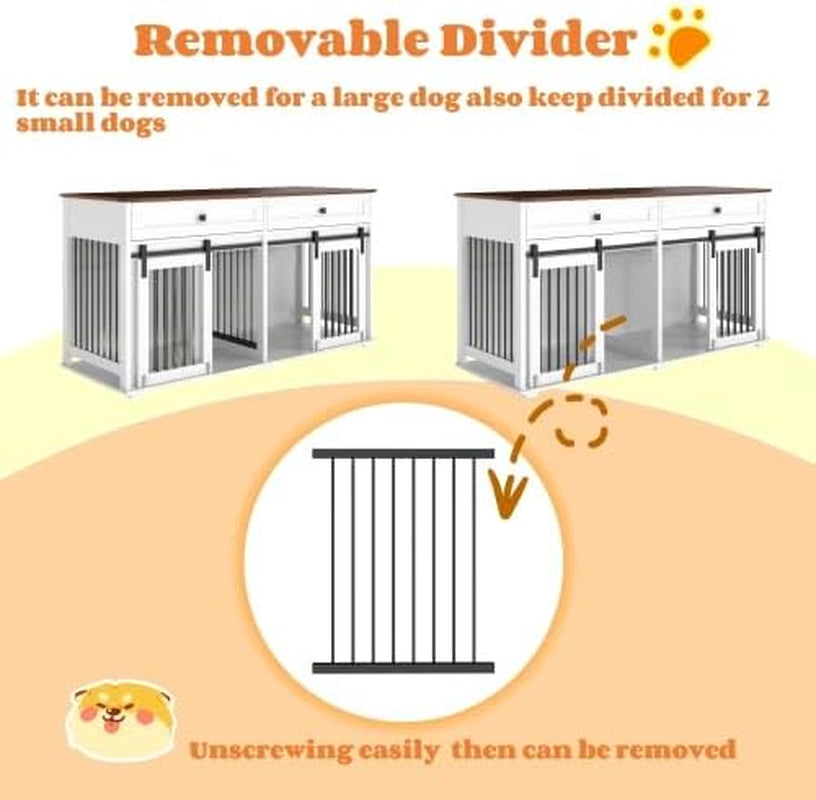 63'' Extra Large Double Dog Crate Furniture - White Wooden Kennel with 2 Drawers, Divider, Sliding Doors & Natural Wood Tabletop, TV Stand & End Table for Two Dogs