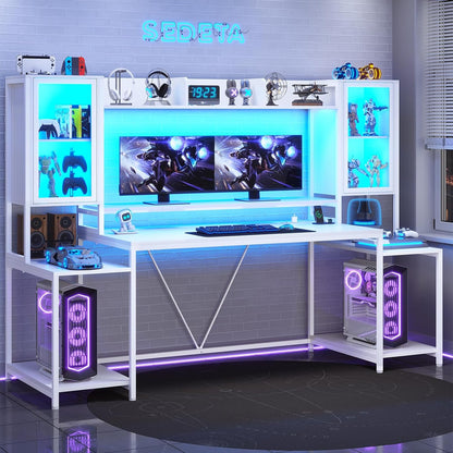 Gaming Desk 74.8'' with LED Lights, Hutch and Storage Shelves, Computer Desk with Monitor Stand, Large PC Gamer Desk Workstation, Ergonomic Gaming Table for Bedroom, Living Room, White