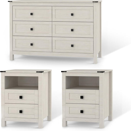 Farmhouse Bedroom Set, 3 Pieces Bedroom Furniture Set, Rustic Wood 6 Drawer Dresser and Nightstands, Chest of Drawers Wide Storage Organizer Cabinet for Bedroom