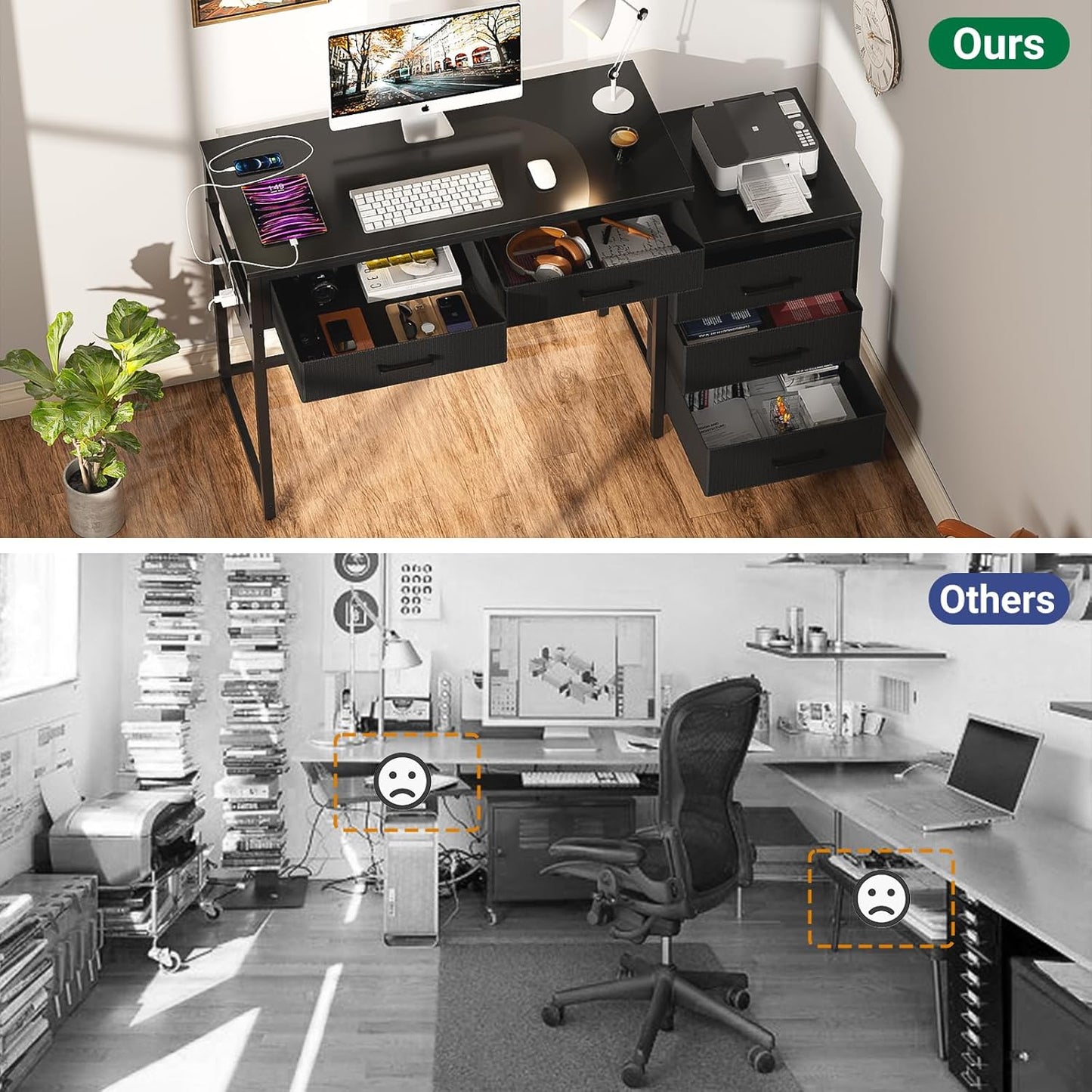 Reversible Computer Desk with 5 Drawers, Sturdy Office Desk with Power Outlets and USB Ports, Corner Writing Table with File Cabinet & Printer Stand, Vanity Desk with Storage, Black
