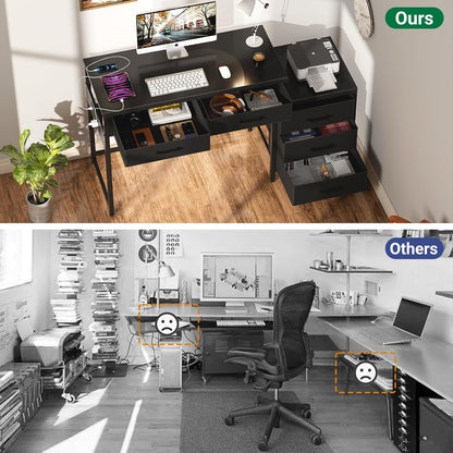 Reversible Computer Desk with 5 Drawers, Sturdy Office Desk with Power Outlets and USB Ports, Corner Writing Table with File Cabinet & Printer Stand, Vanity Desk with Storage, Black