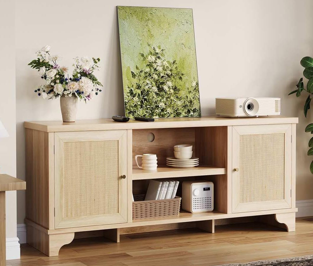 Rattan TV Stand for Living Room, Boho Entertainment Center for 55, 65, 70 Inch TV, Wooden Console Cabinet with Storage and Shelf, Natural Oak