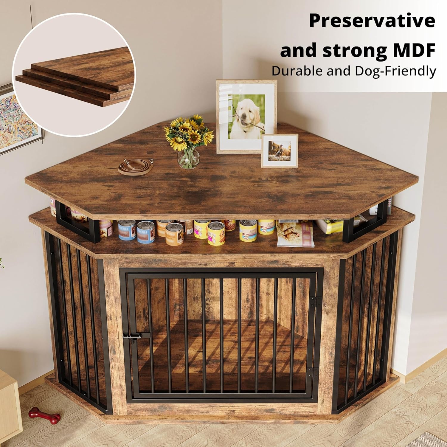51" Corner Wooden Dog Crate Furniture with 2-Tier Shelves, Pet Kennel for Large Dogs, Space-Saving Dog Cage for TV Stand, Rustic Brown (26.7" L X 51.2" W X 33.5" H)