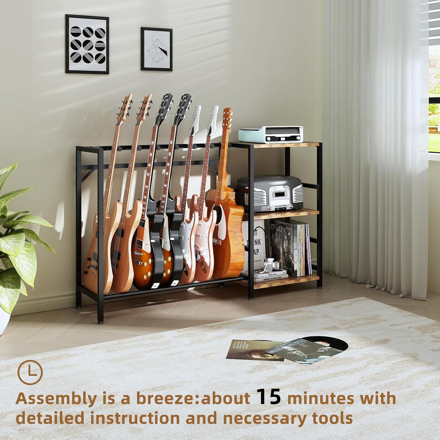 Record Player Stand with Guitar Stand, Record Player Table with Guitar Rack, Guitar Holder 7 Space for Multiple Guitars, Bass, Acoustic, Guitar Display for Home Music Studio, Brown