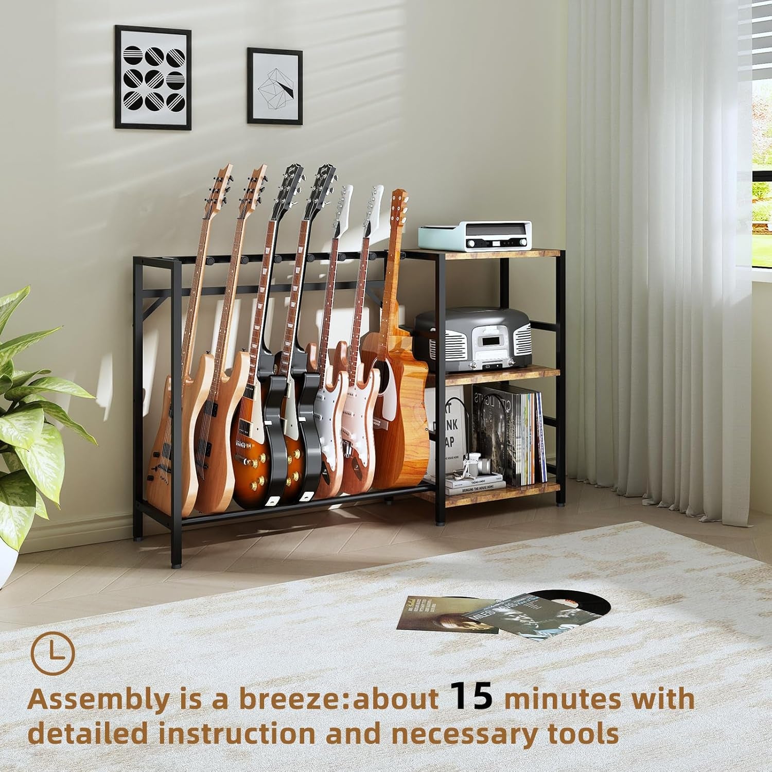 Record Player Stand with Guitar Stand, Record Player Table with Guitar Rack, Guitar Holder 7 Space for Multiple Guitars, Bass, Acoustic, Guitar Display for Home Music Studio, Brown