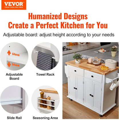 Kitchen Island Cart with Solid Wood Top, 35.4" Width Mobile Carts with Storage Cabinet, Rolling Kitchen Table with Spice Rack, Towel Rack, and Drawer, Portable Islands on Wheels, White