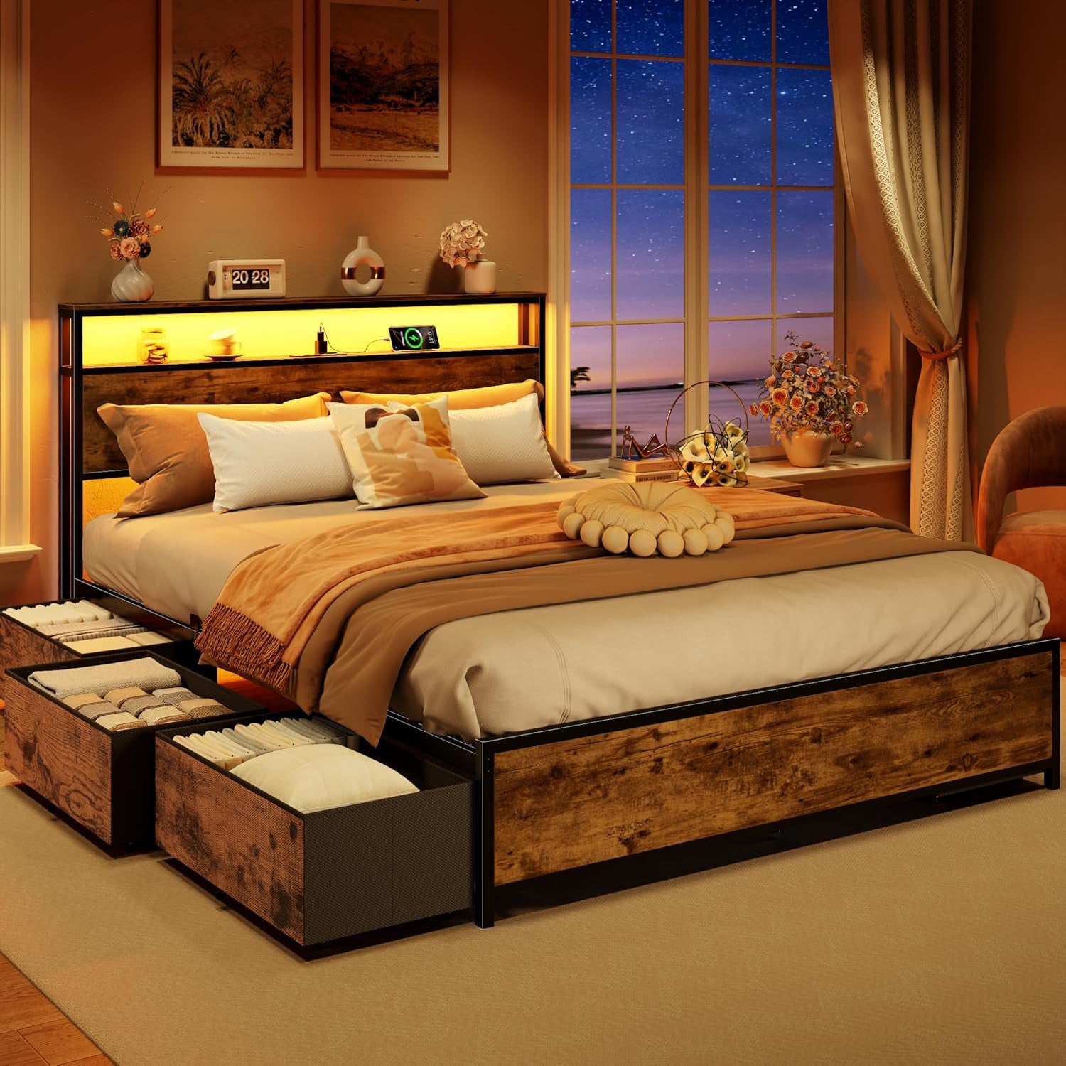Queen Bed Frame with Headboard & 6 Drawers, Metal Platform Bed Frame Queen Size with Charging Station,Led Lights,2 Tier Shelf Storage Bedframe-No Box Spring Needed,Noise Free,Rustic Brown
