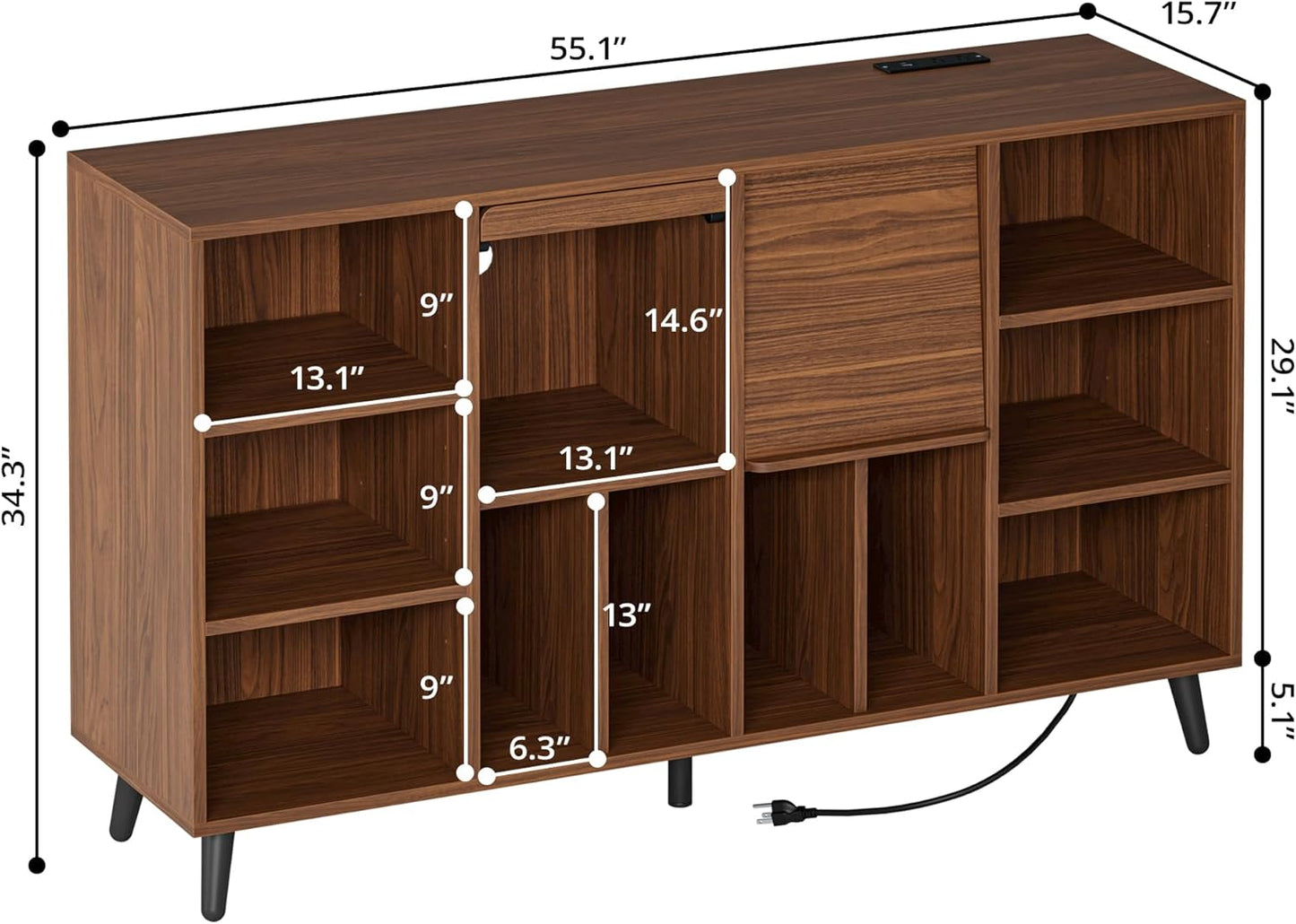 Large Record Player Stand 55", Holds 600+ Vinyl Record Storage Cabinet with Charging Station, Mid Century Modern Turntable Stand for Living Room, Bedroom, Brown