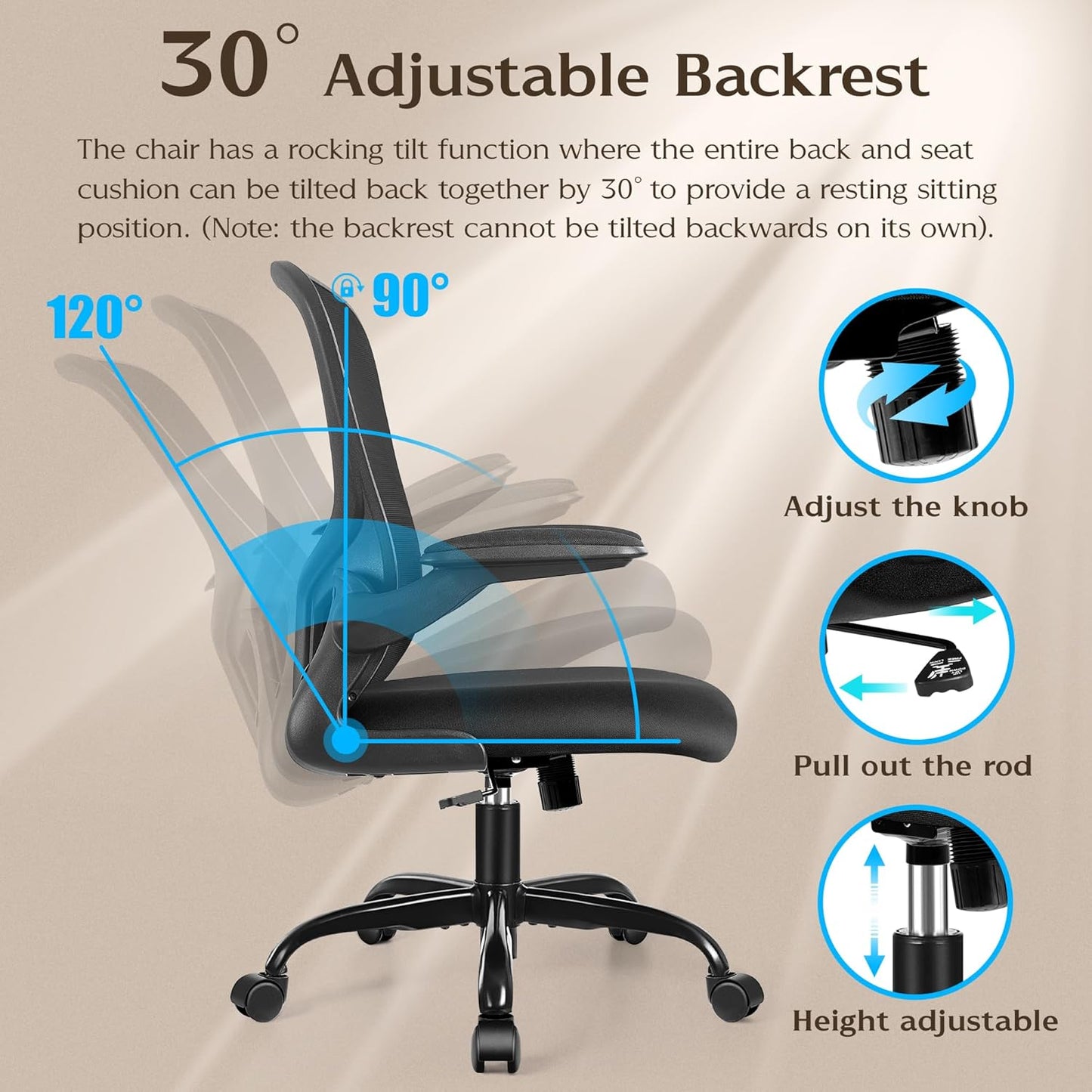 Office Desk Chairs, Ergonomic PC Desk Chair with Wheels, Adjustable Lumbar Support and Height, Swivel Computer Chair with Flip-Up Armrests, Ergo Mesh Backrest for Working (Black)