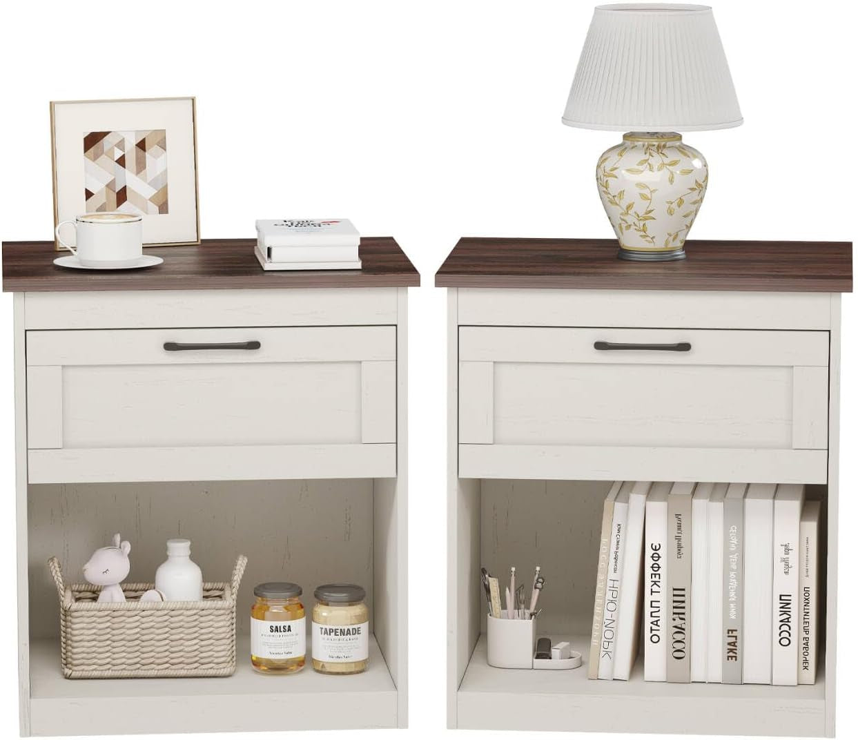 Farmhouse Nightstands Set of 2, Bedroom Night Stand with 1 Drawers, Wooden Bedside Tables 15.6" D X 18.7" W X 21.26" H, White and Brown Wood Grain Finish
