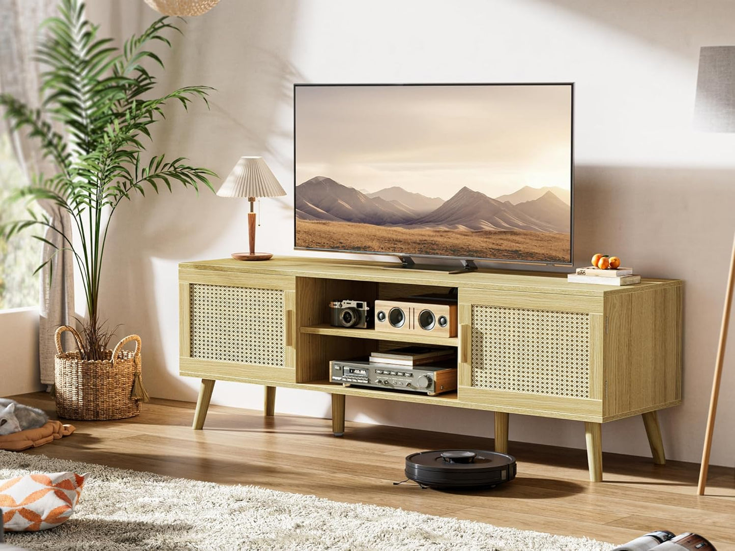 Boho TV Stand for 65 Inch TV, Entertainment Center with Adjustable Shelf, Rattan TV Console with 2 Cabinets, Media Console, Solid Wood Feet, 4 Cord Holes, for Living Room - Natural, 8782T