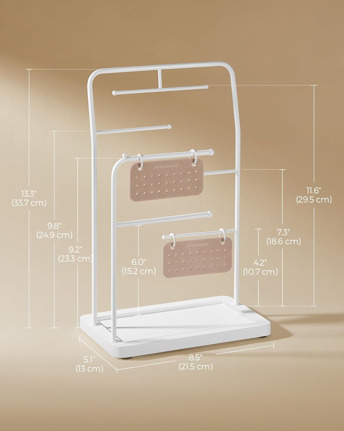 Jewelry Stand, Jewelry Organizer, Jewelry Display Holder with Metal Frame, 2 Earring Boards, 6 Hanging Rods, Necklace Earring Bracelet Holder, for Rings, Cloud White UJJS024W01