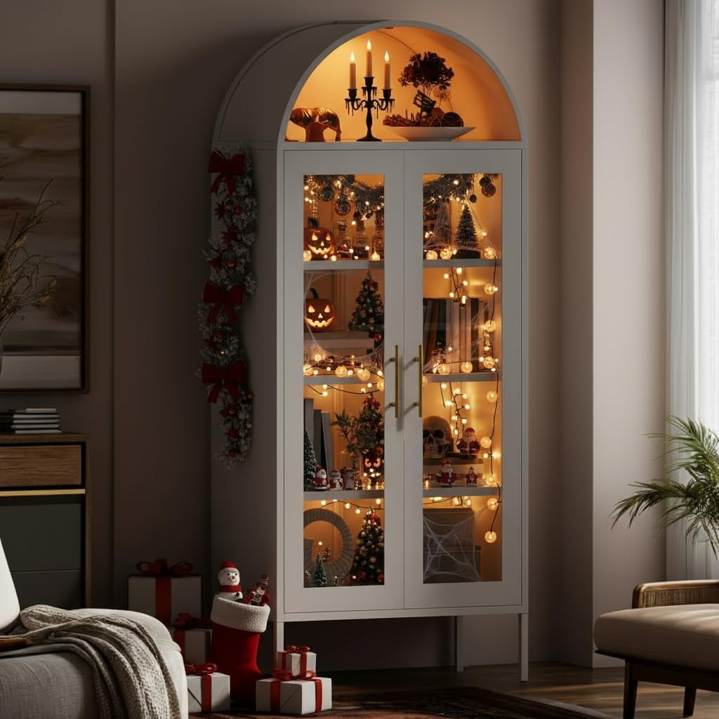 71" Arched Glass Display Cabinet, Tall Metal Storage Cabinet with Adjustable Shelves and Glass Doors, White