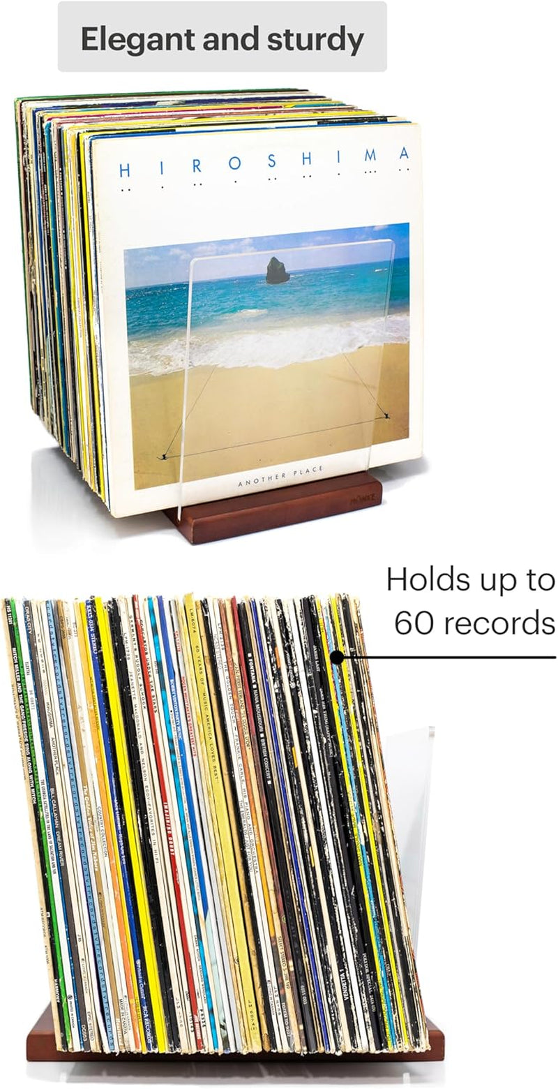 Premium Vinyl Record Storage - a Mid-Century Style Record Holder for Albums, 60-70 LP Capacity - Complements Any Record Player (Brown)