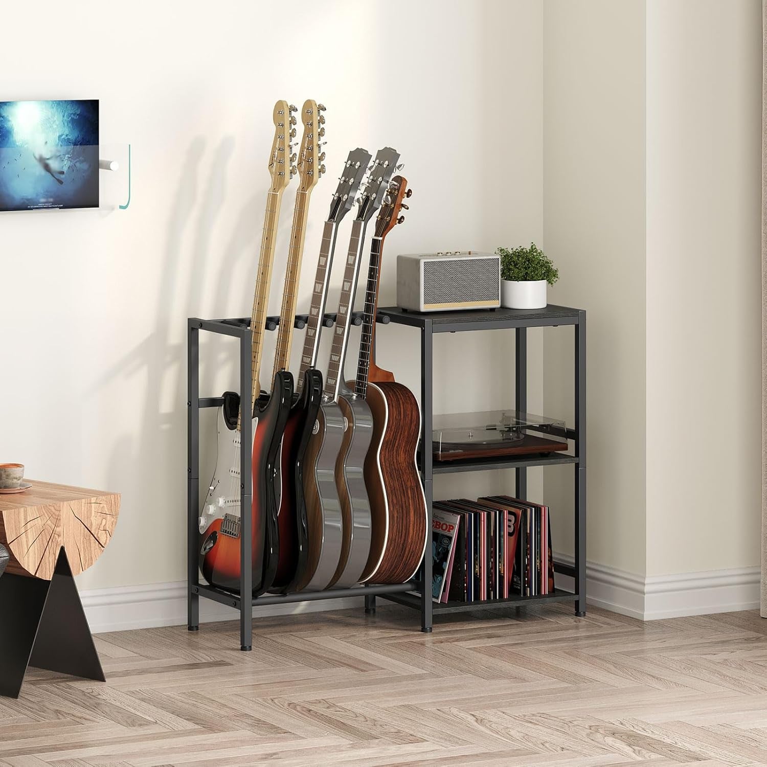 Guitar Stand, Guitar Holder for 4-5 String Instruments, Suitable for Acoustic Guitar, Bass, Guitar Rack with Side Shelves for Record Player, with Non-Slip Rubber Pads, Black GSBK9501