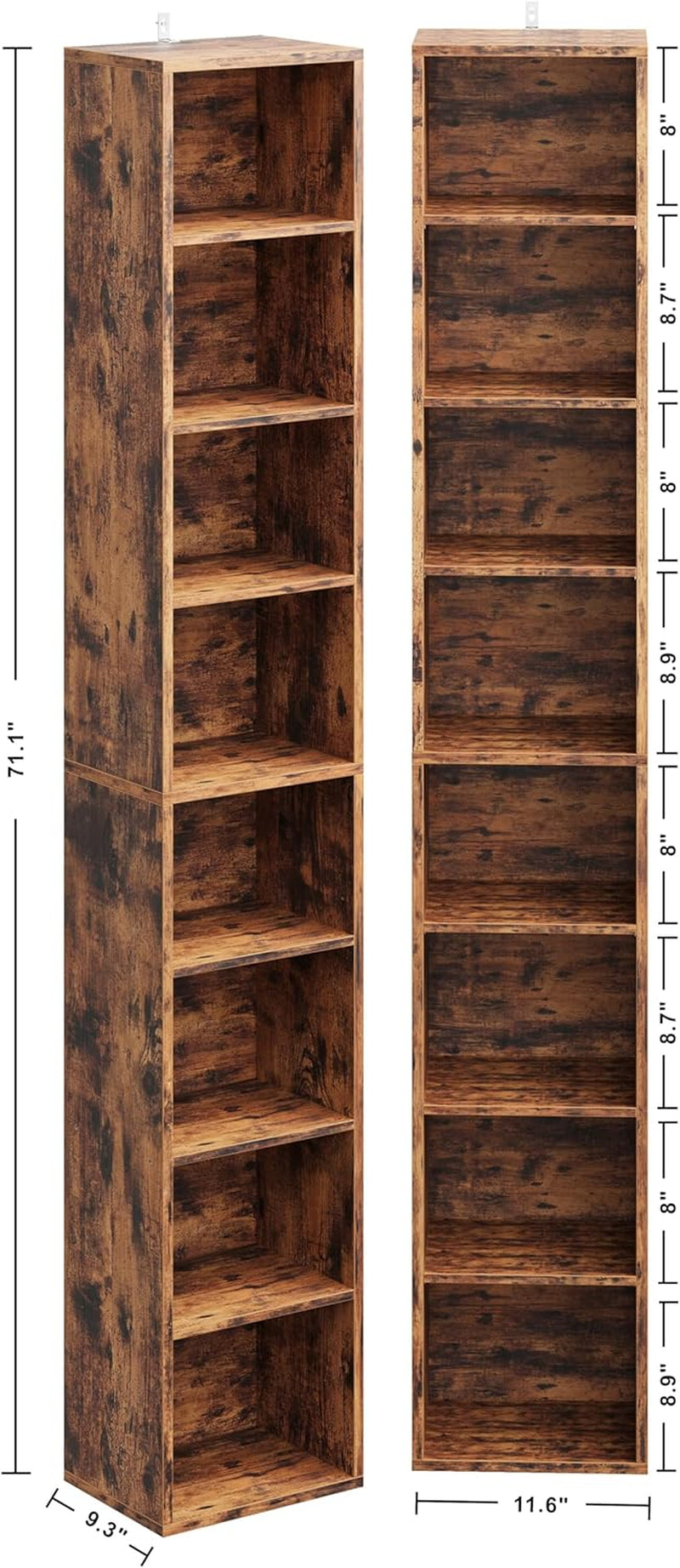 Tall Narrow Bookshelf 8 Tiers 71In Set of 2, Compact Corner Bookcase, Easy to Match for Living Room, Office, Study, Bedroom