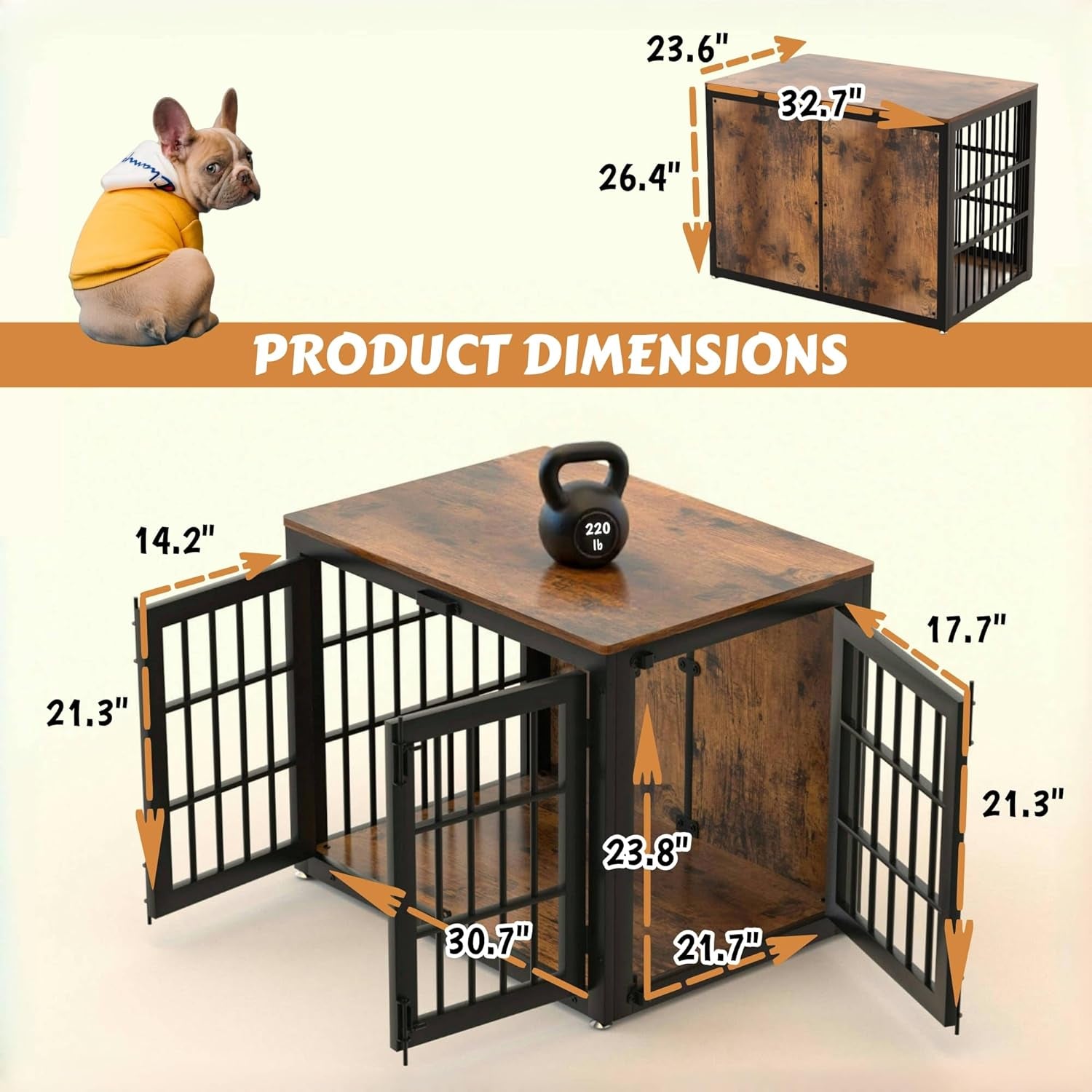 33" Heavy Duty Dog Crate Furniture, Wooden Dog Cage Kennel for Small and Medium Dogs, Dog Kennel Indoor with Side Door, Decorative Pet House End Table, Brown