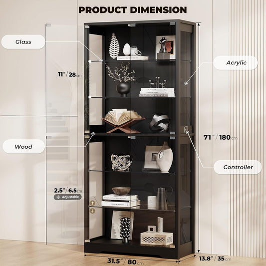 Display Cabinet with Glass Door, 6-Tier 71" Curio Cabinet with 3 Color Lights for Collectibles, Display Case with Adjustable Glass Shelves, Human Body Sensor, Storage Cabinets, Black