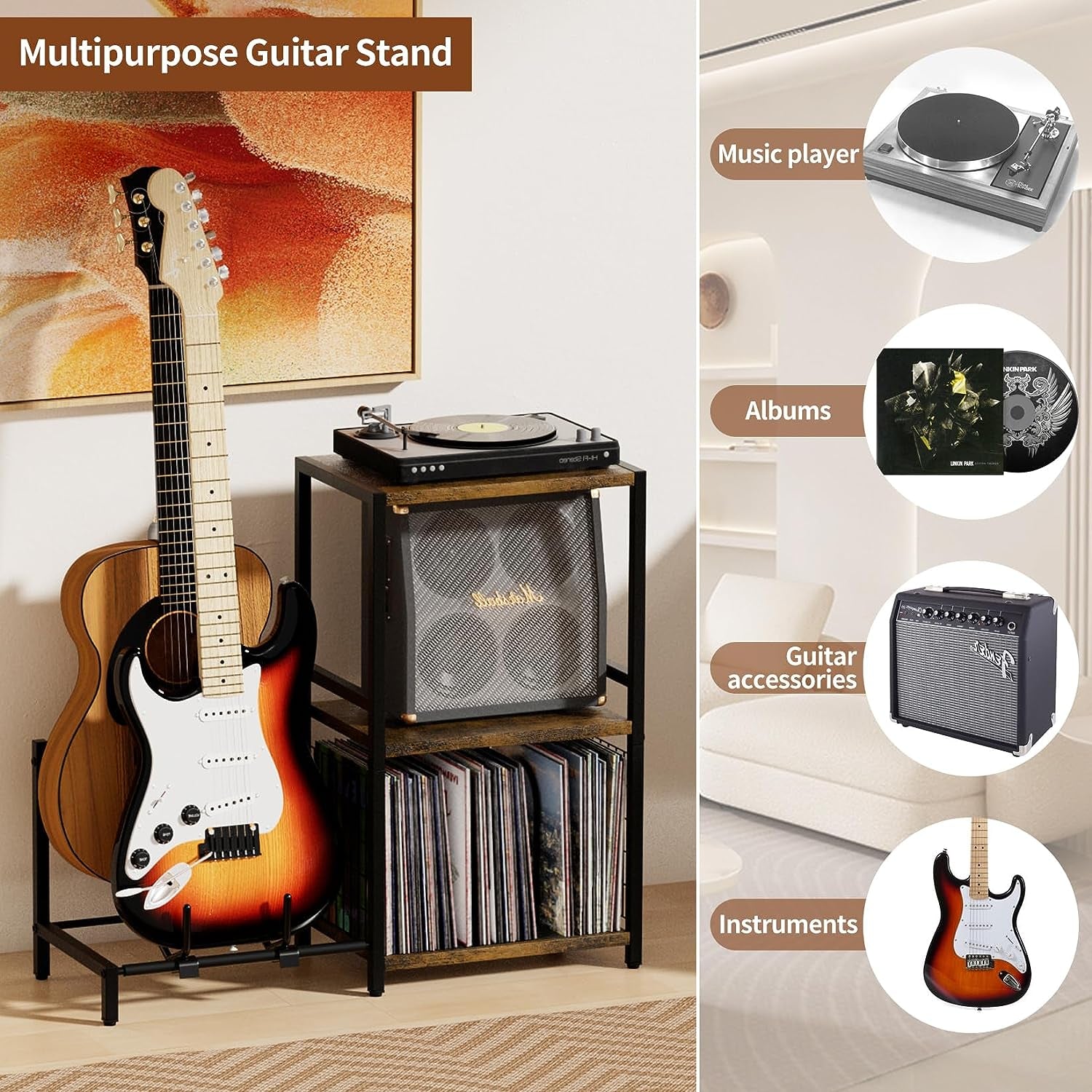 End Table with Guitar Stand,Record Player Stand,Vinyl Records Storage,2-Tier Guitar Stand for Acoustic,Turntable Stand for Music Studio-Brown