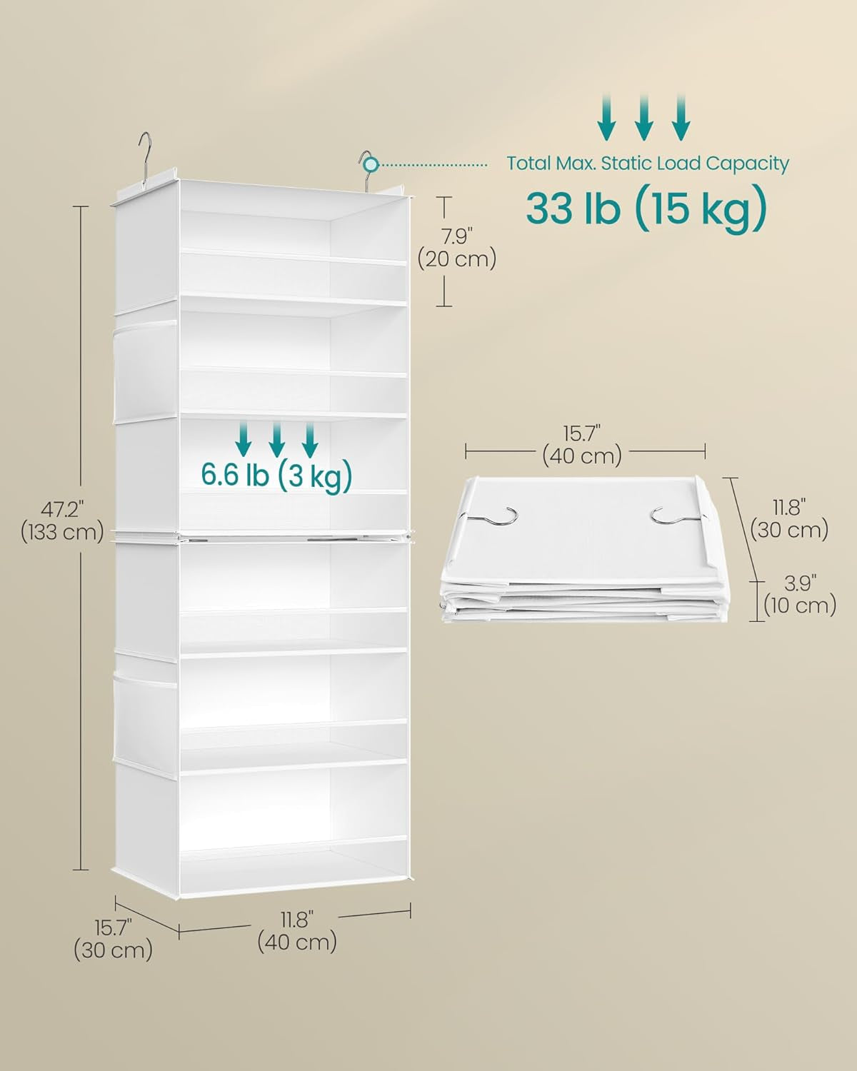 Hanging Closet Organizer, 6-Tier Fabric Storage Shelf, Separable Closet Hanging Shelf with Side Pockets, Foldable, Metal Hooks and Bamboo Inserts, Cloud White URCH007W01