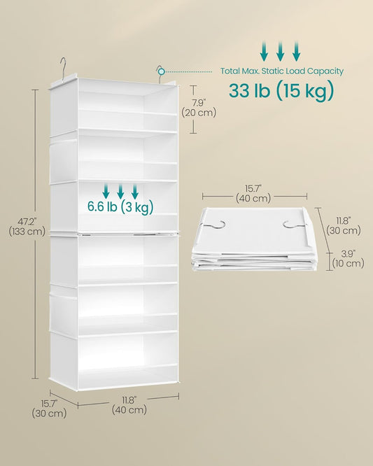 Hanging Closet Organizer, 6-Tier Fabric Storage Shelf, Separable Closet Hanging Shelf with Side Pockets, Foldable, Metal Hooks and Bamboo Inserts, Cloud White URCH007W01