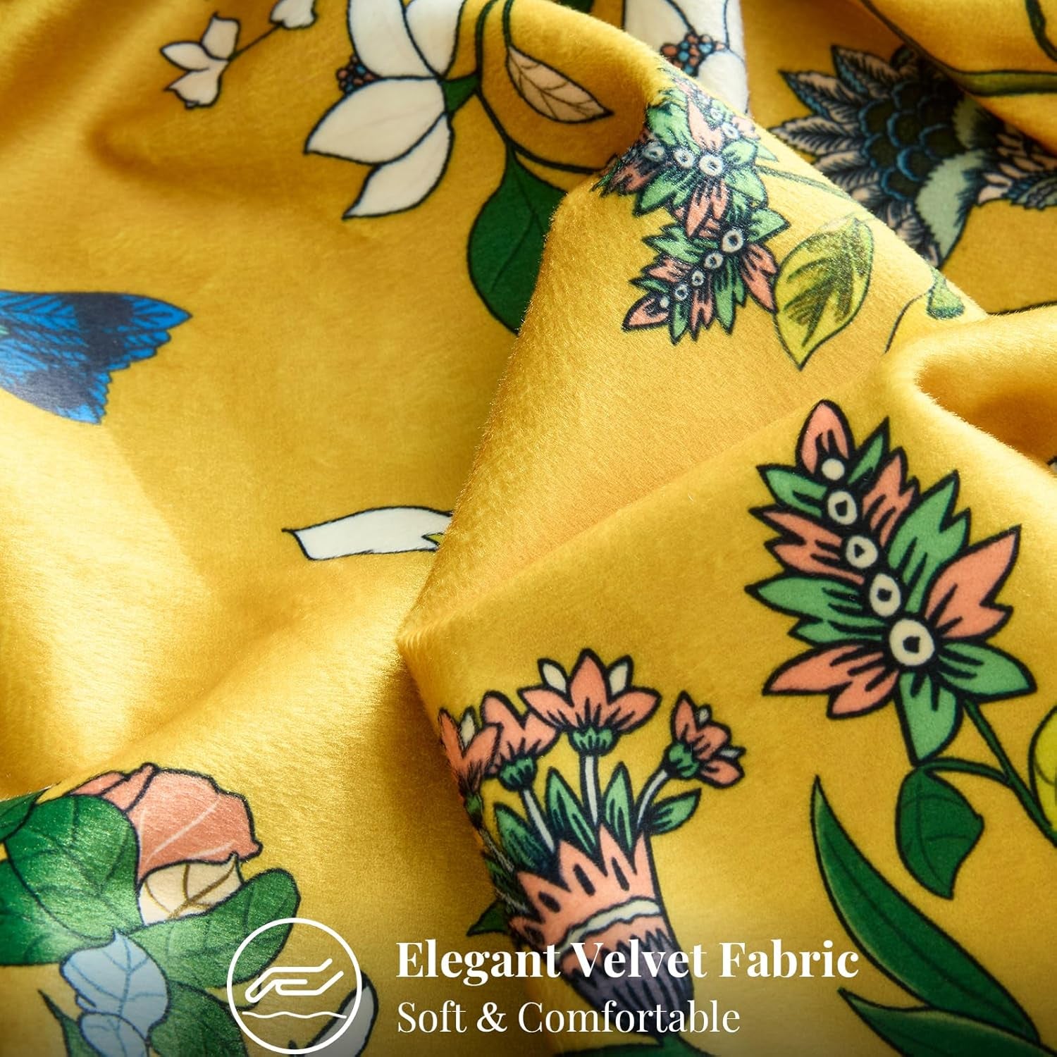 Mustard Yellow Floral Pillow Covers 18X18 Set of 2, Velvet Wild Flower Plant Throw Pillows Case, Square Farmhouse Decor Cushion Covers for Home Sofa Bed Couch