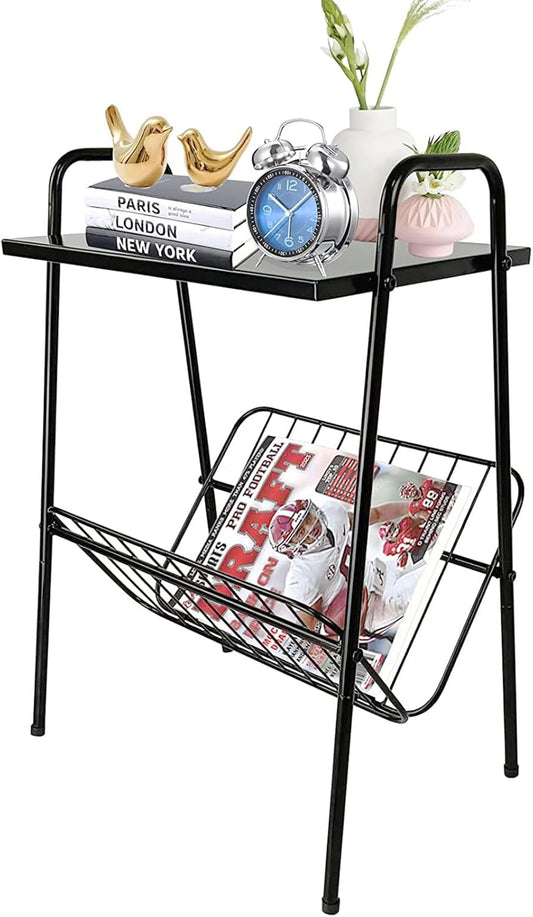 End Table, Metal Nightstand, Record Player Table with Magazine Holder, Record Player Stand with Storage, Side Table for Living Room, Bedroom for Small Spaces, Black