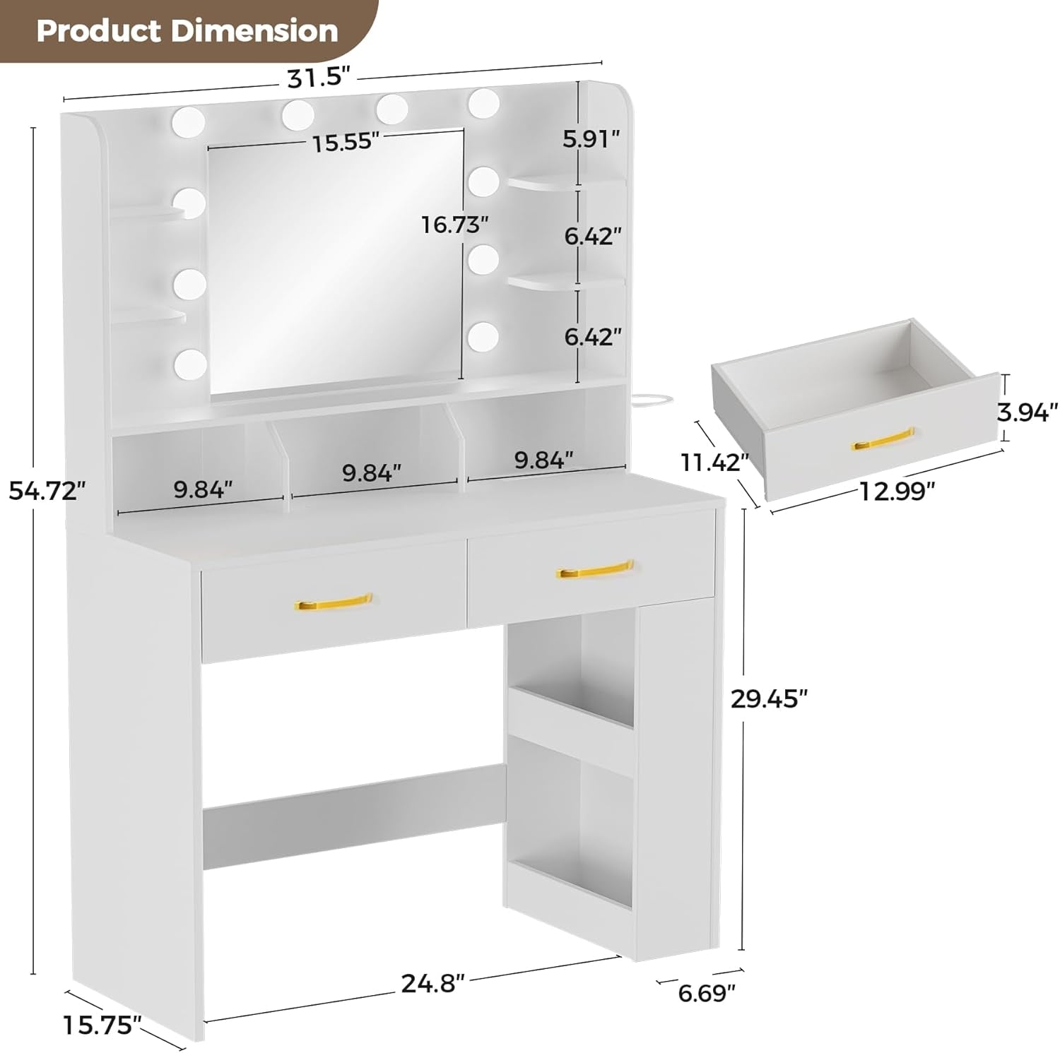 Vanity Desk with Lighted Mirror and Power Outlet, RGB LED Lights Makeup Vanity Set for Girls, Large Storage Capacity Dressing Table for Bedroom, 3 Lighting Modes Adjustable Brightness, White